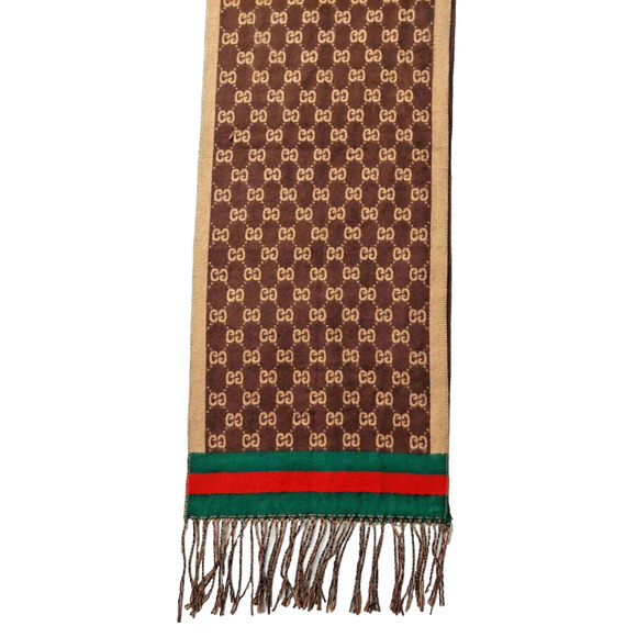Gucci Brown & Tan GG Print w/ Green & Red Stripes Reversible Scarf Pre-owned - Picture 8 of 16